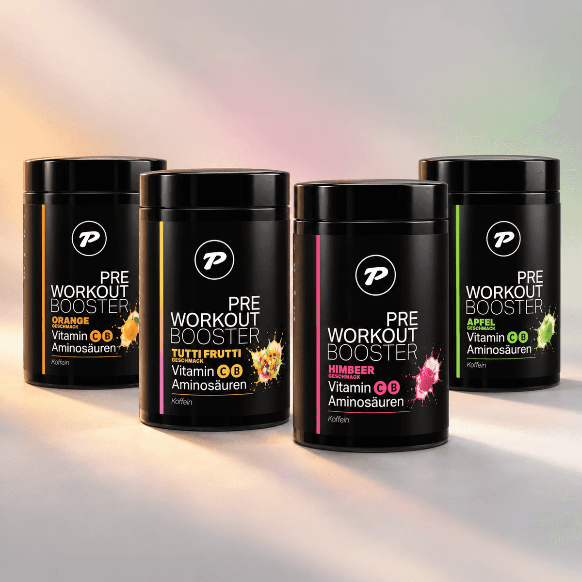 PeakDrive Pre-Workout Booster mit Energie und Fokus – Orange, Tutti Frutti, Himbeer, Apfel Geschmacksrichtungen