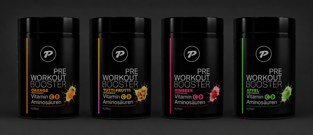 PEAKDRIVE Pre Workout Booster in den Sorten Orange, Tutti Frutti, Himbeer und Apfel